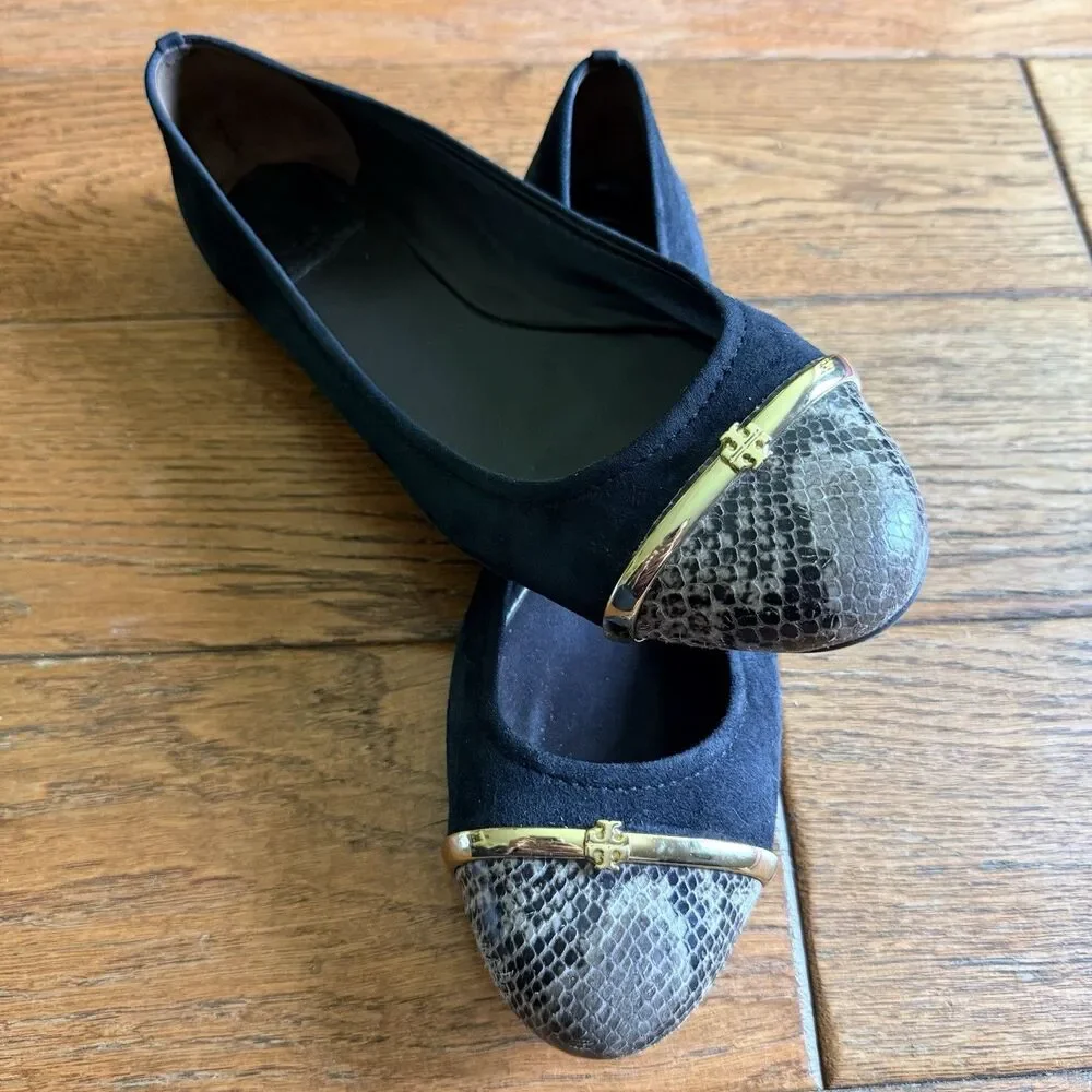 Tory Burch Pacey Driver Black Suede & Snakeskin With Gold Bar Ballet Flats 10.5